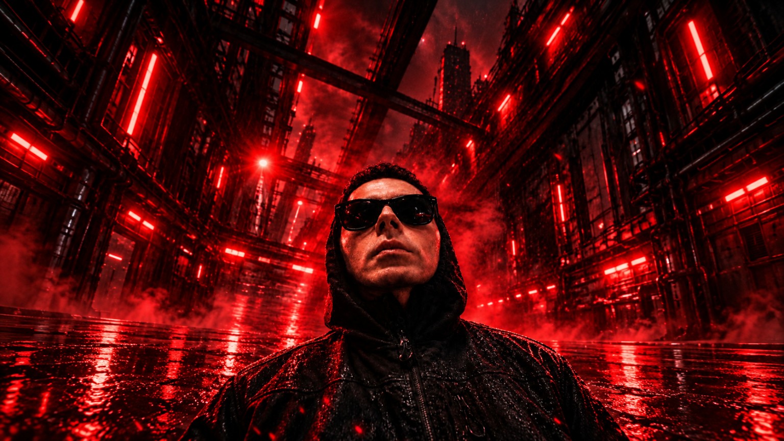RYNQOX in a red-lit futuristic city